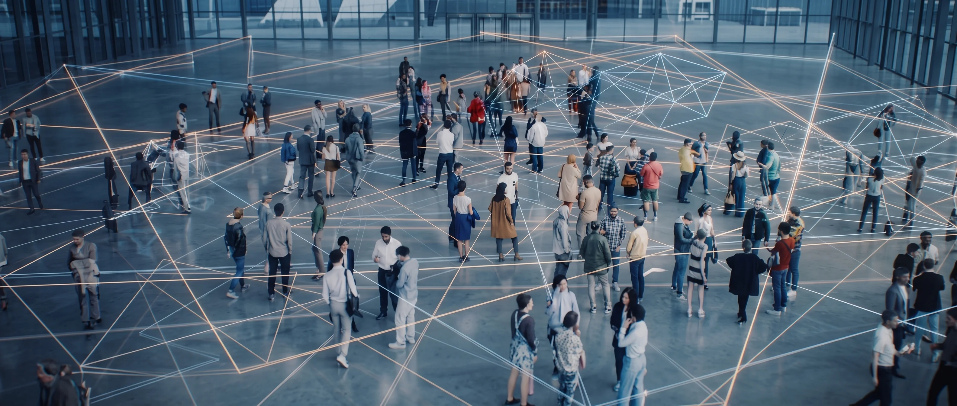 Personas conversando en un gran hall, conectadas entre sí por líneas de luz