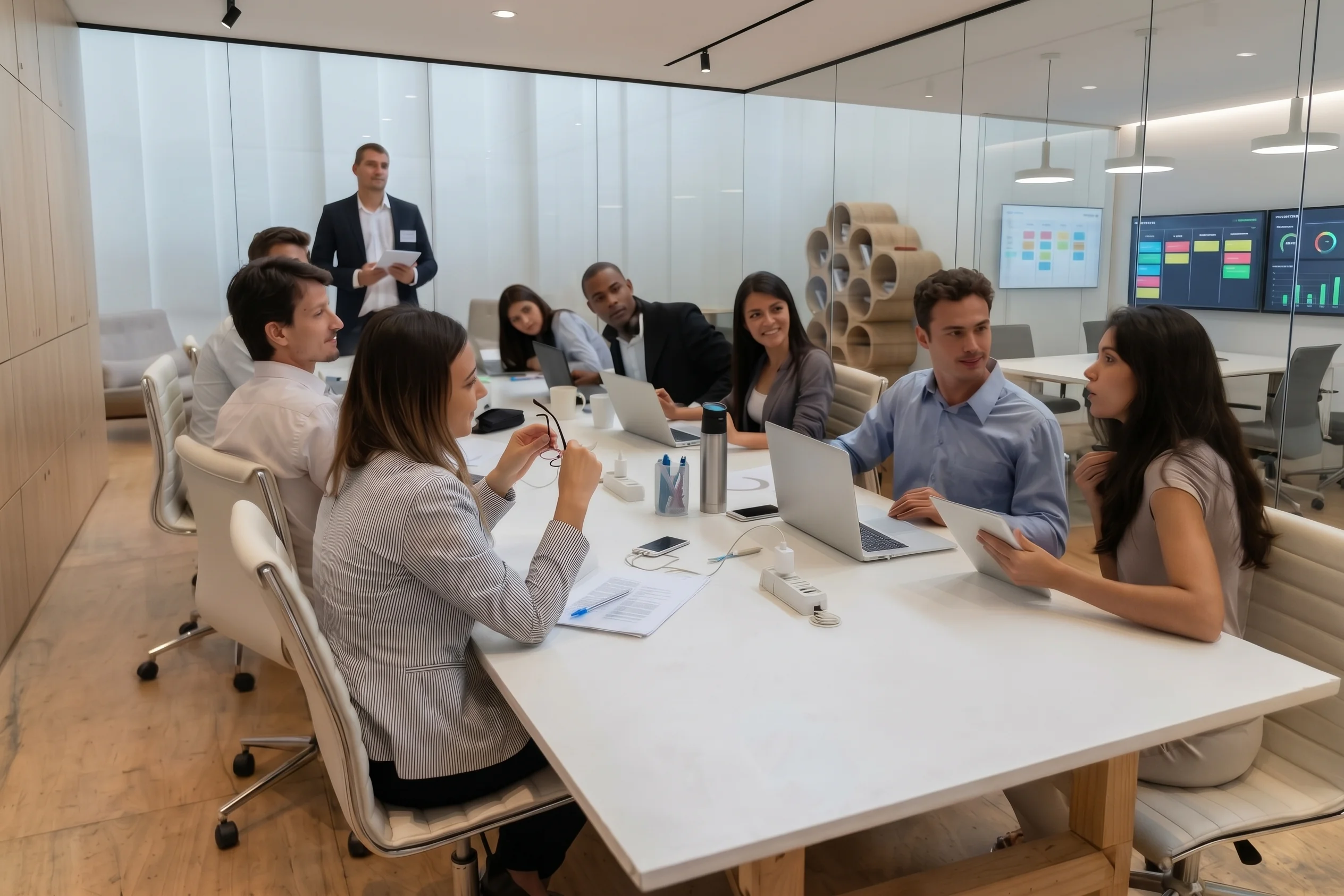 Equipo de trabajo conversando alrededor de una mesa en una sala de reuniones con paneles de indicadores